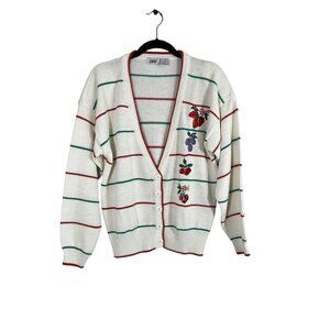 Vintage Stripe Knit Cardigan Sweater White L Cherry Fruit Retro Cottagecore 90s